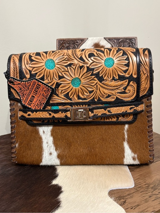 Handbags - Tooled Floral Leather & Cowhide Crossbody with Turquoise Accents